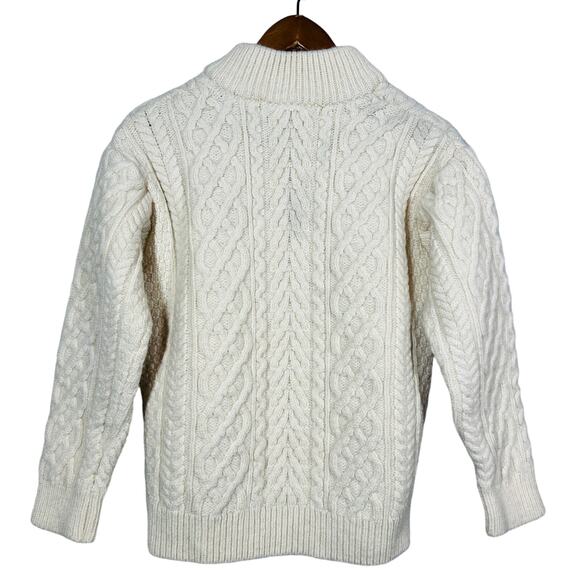 Inis Crafts Leather Tab Merino Wool Sweater Nordic Cable Knit Cream Thick Knit L - Picture 4 of 6